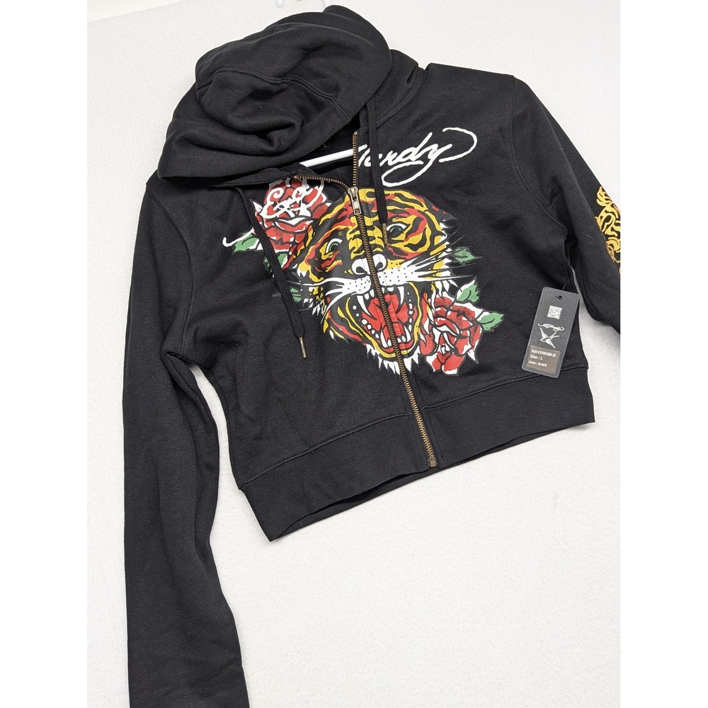 NWT Ed Hardy Black Tiger Rose Zip Up Cropped Hoodie EHW1800-29 Youth Large